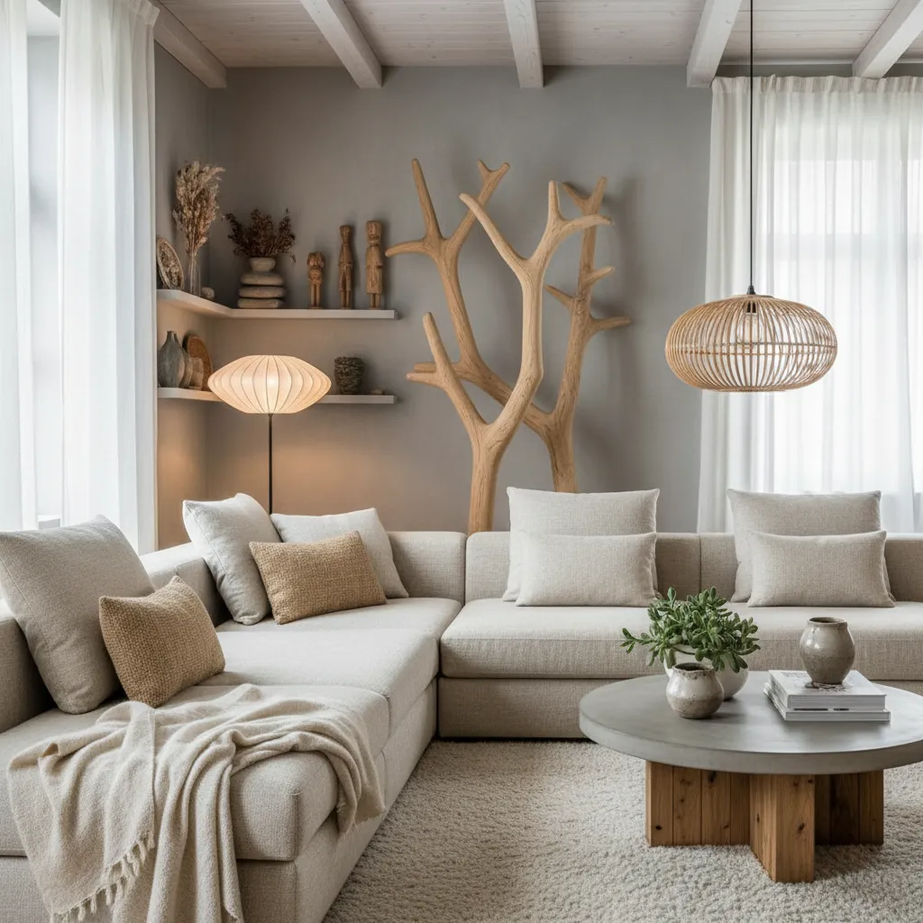 Decoración interior con árbol de madera y materiales naturales