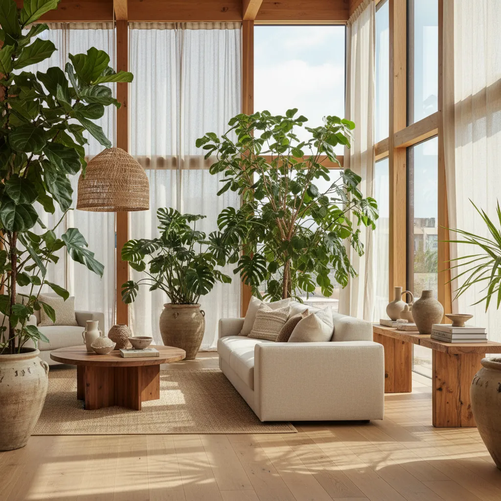 Interior luminoso con plantas grandes y materiales naturales