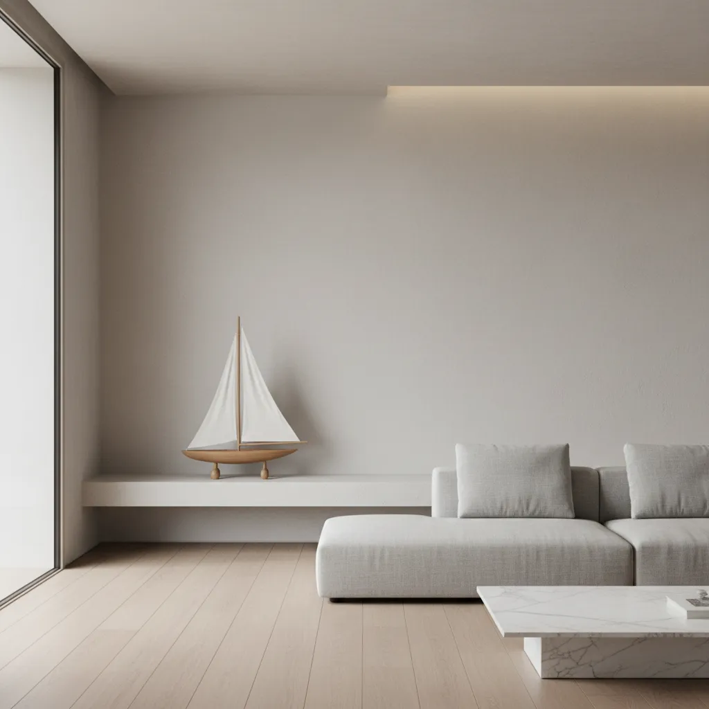 Interior minimalista con una única maqueta de velero como decoración