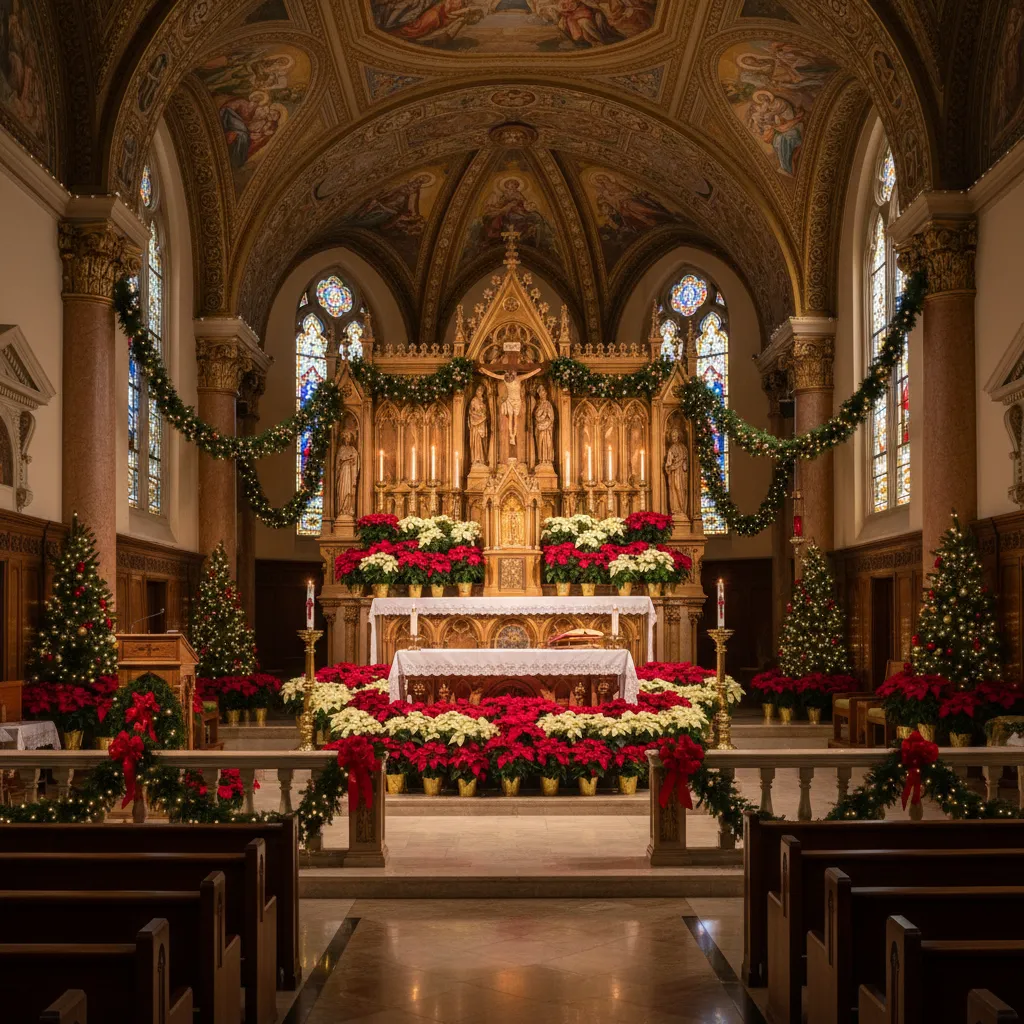 Altar de iglesia con guirnaldas de pino y flores de Pascua
