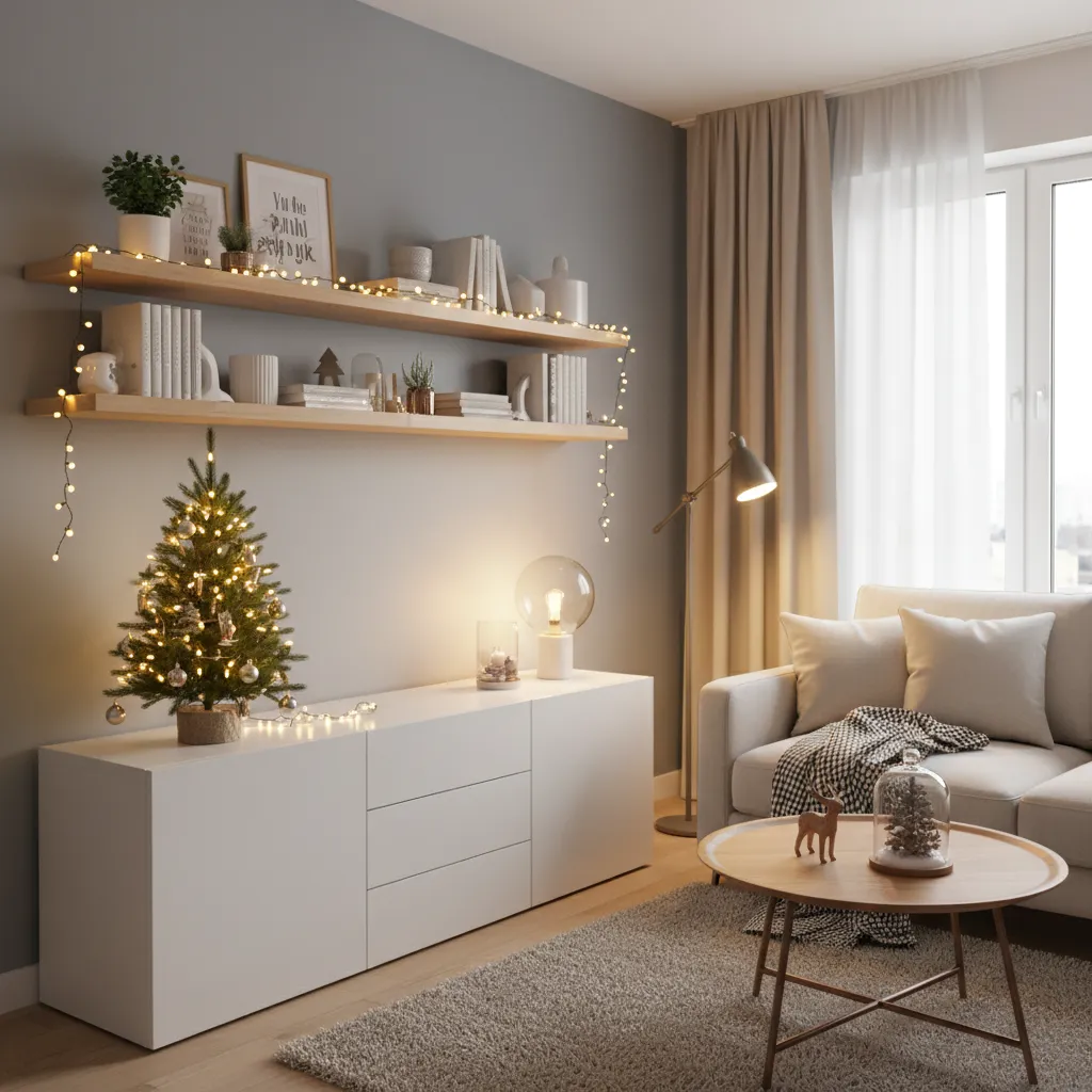 Apartamento pequeño decorado para Navidad con luces y mini árbol