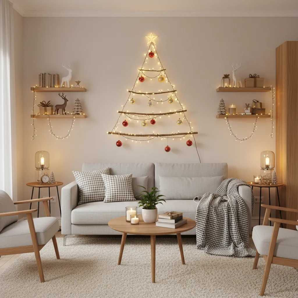 Apartamento pequeño decorado para Navidad de forma ligera