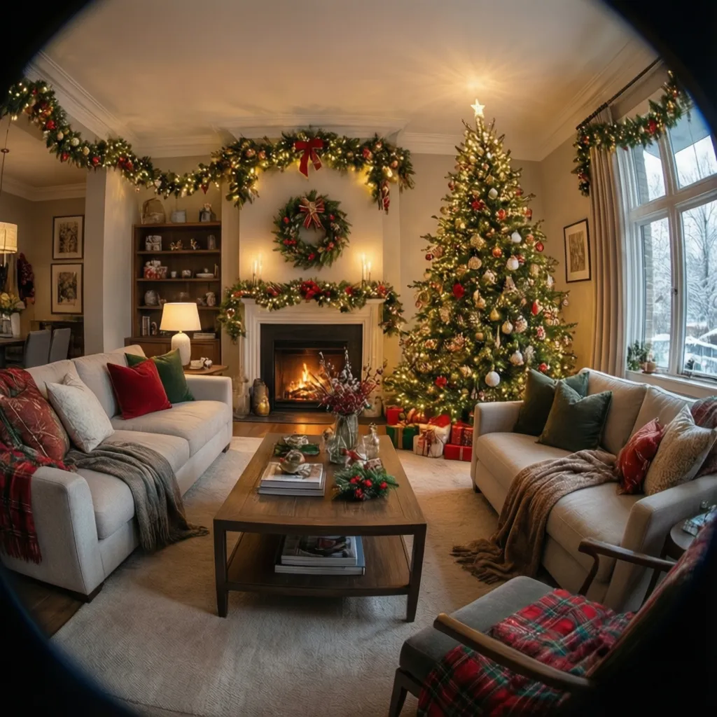 Salón navideño equilibrado con guirnaldas, árbol y luces cálidas