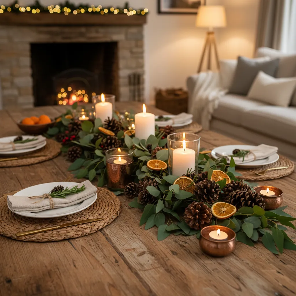Mesa decorada con piñas, ramas de pino y velas