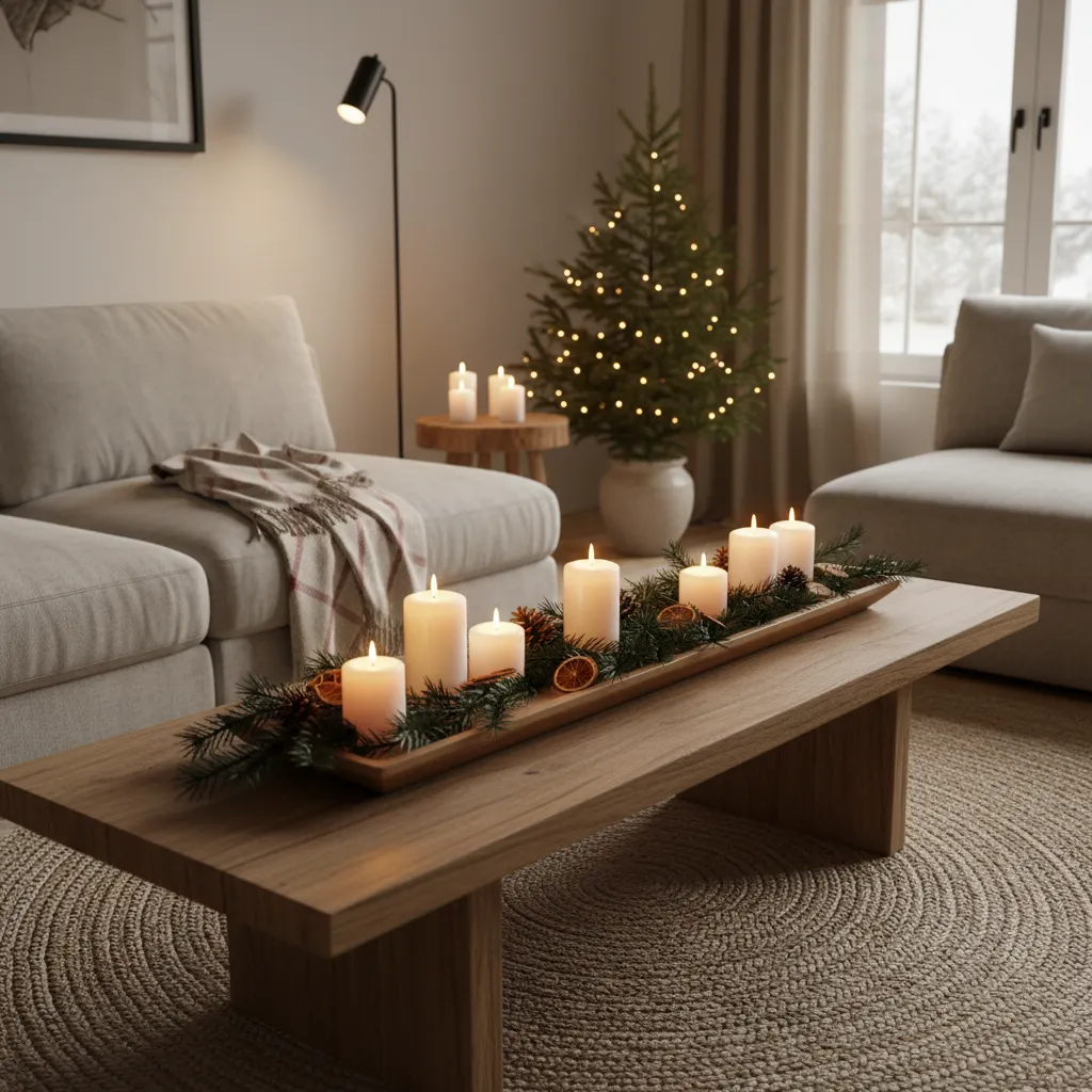 Decoración navideña con ramas naturales y velas en una mesa