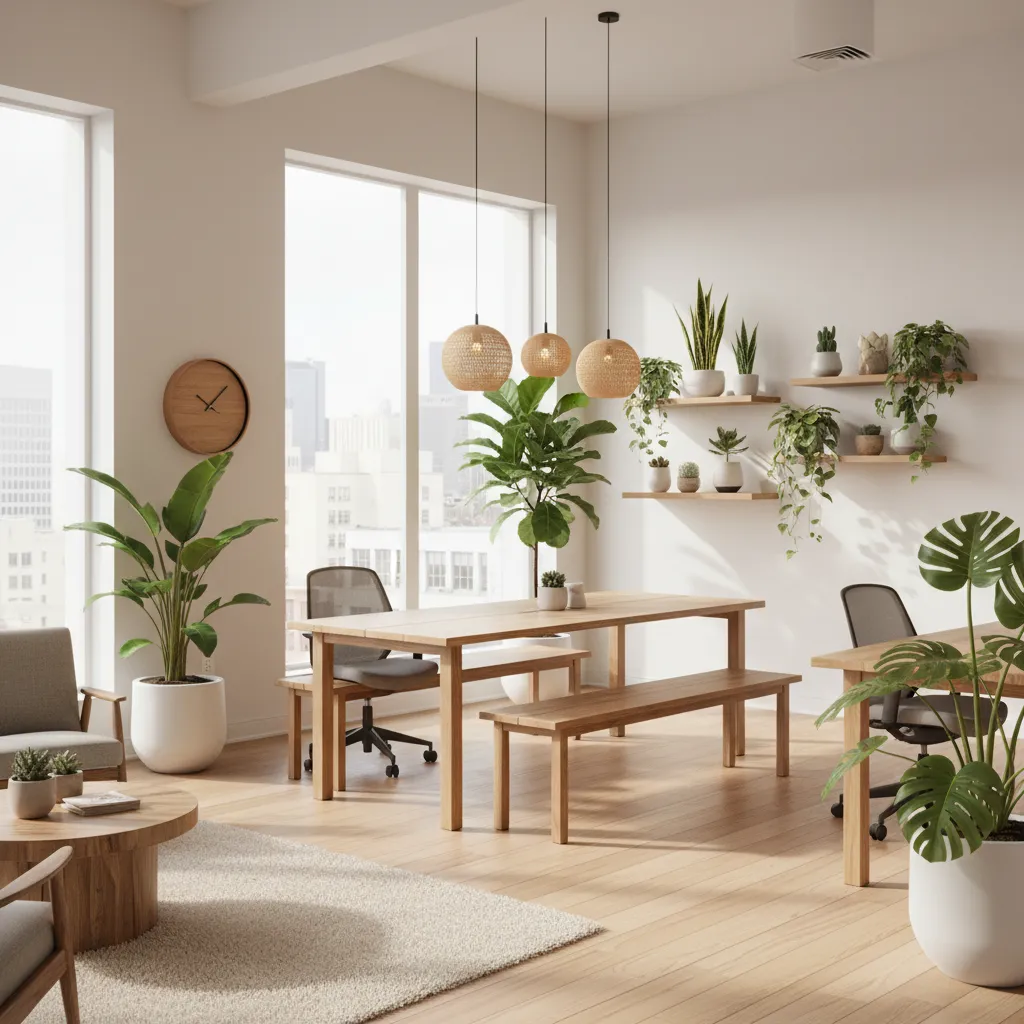 Oficina luminosa con varias plantas decorativas en estanterías y suelo