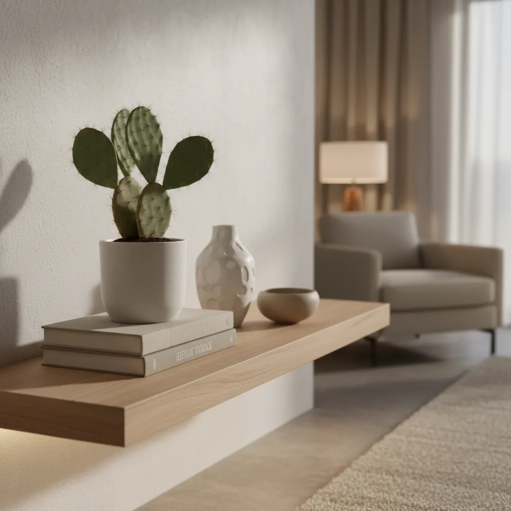Small green cactus in white pot on wooden shelf with books and vase in living room
