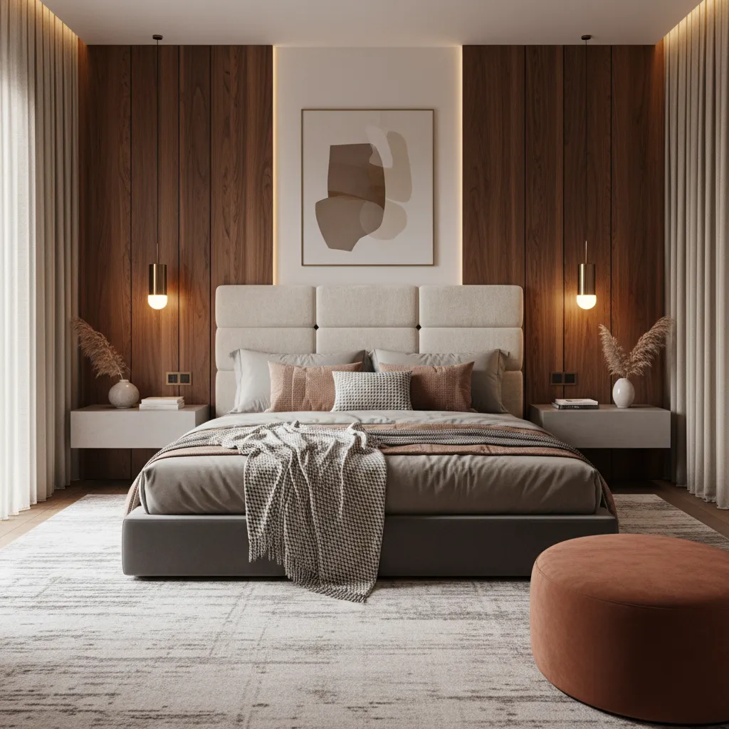 Dormitorio moderno con cabecero de pared completa con paneles