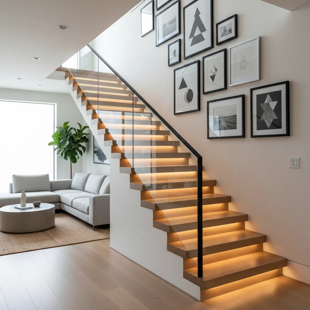Contemporary wooden staircase with lit steps and glass railing and a gallery wall of pictures