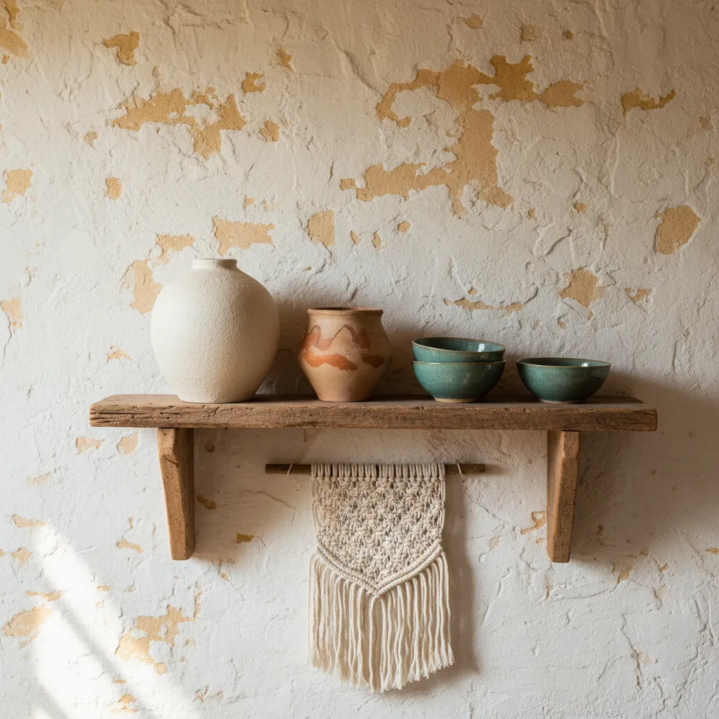 Pared rústica con decoración simple de madera y cerámica