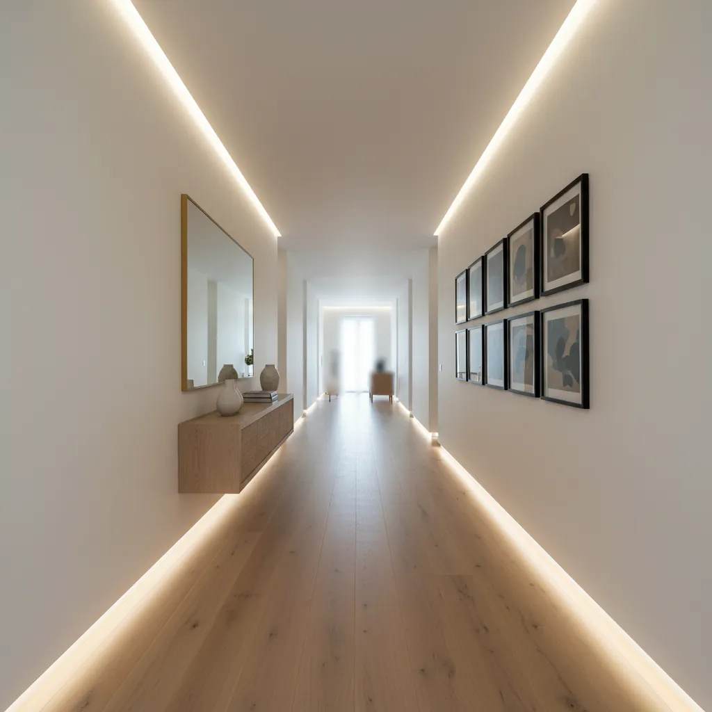 Long hallway with wooden floors integrated strip lighting black picture frames and a floating cabinet