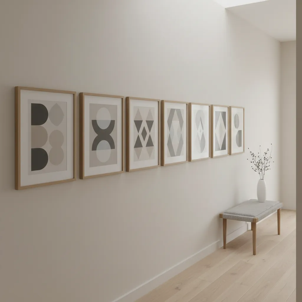 Pasillo moderno con cuadros alineados y diseño minimalista
