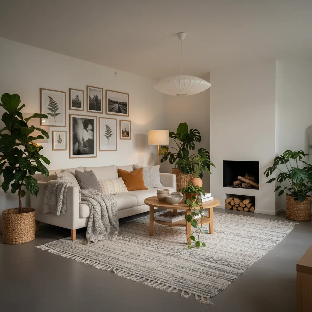 Cozy living room with white sofa gallery wall round wooden coffee table patterned rug fireplace