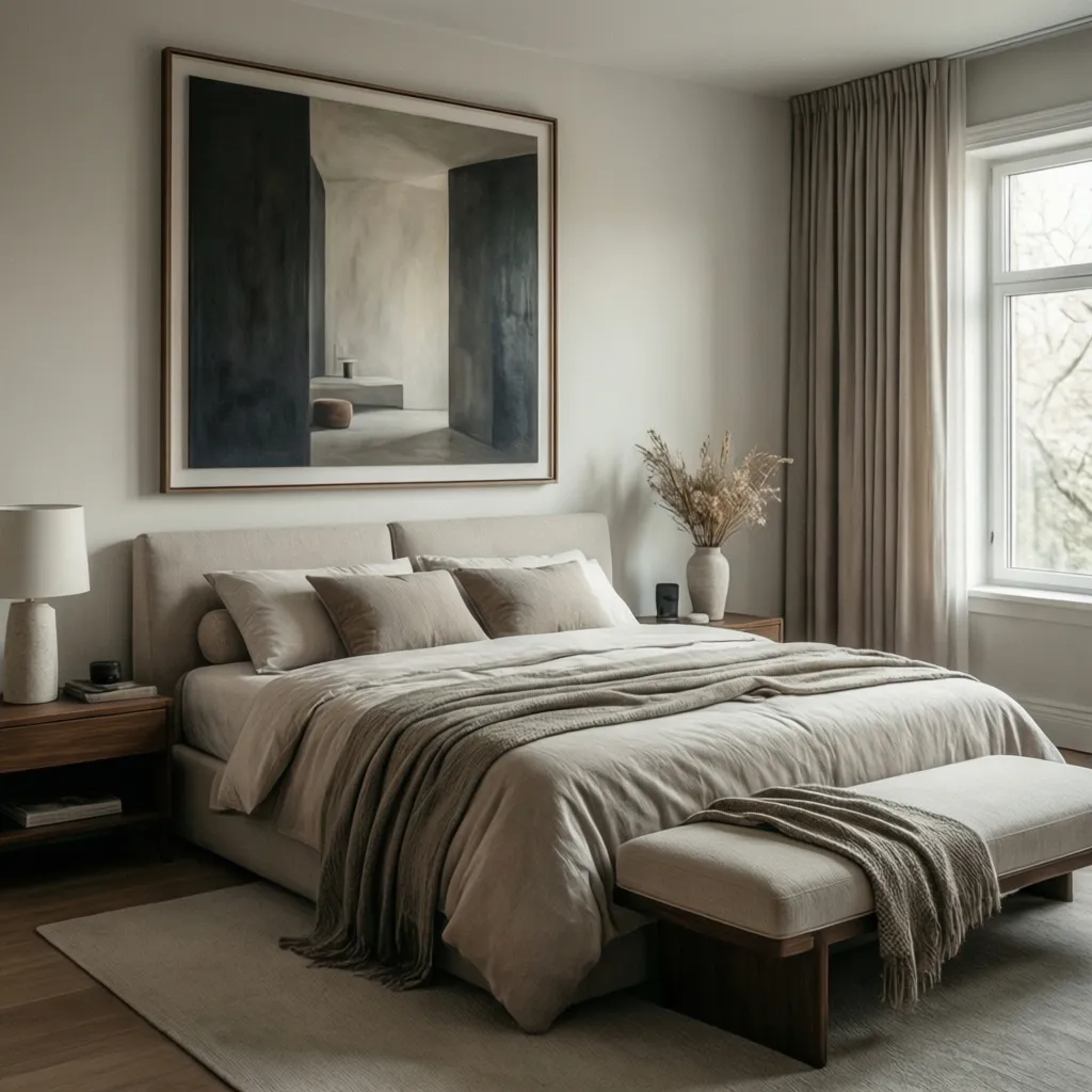 Minimalist bedroom with dark wall art wooden side tables beige bedding and a soft footrest