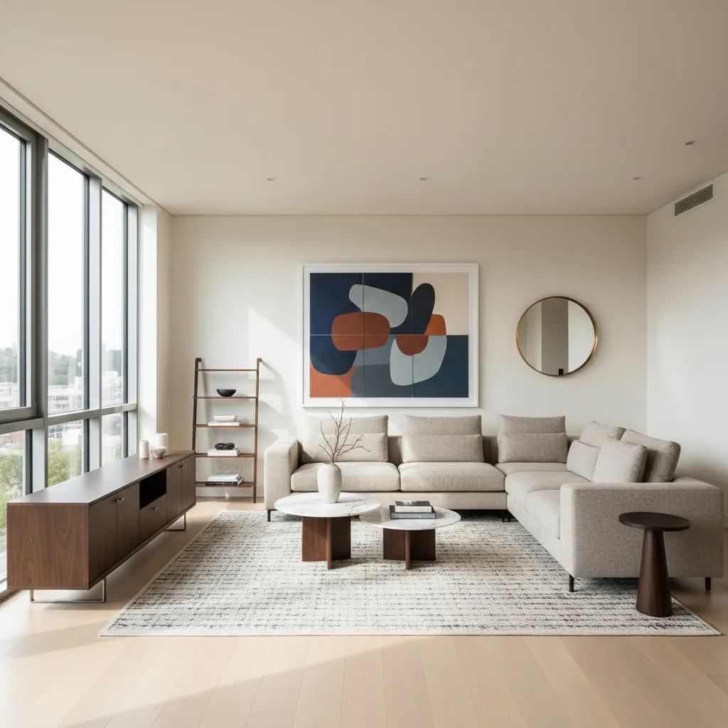 Modern living room with grey sofa round coffee tables wood cabinet and large bright windows