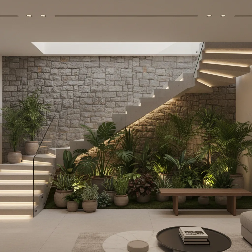 lush indoor garden under stone wall stairs with green plants and a simple wooden bench