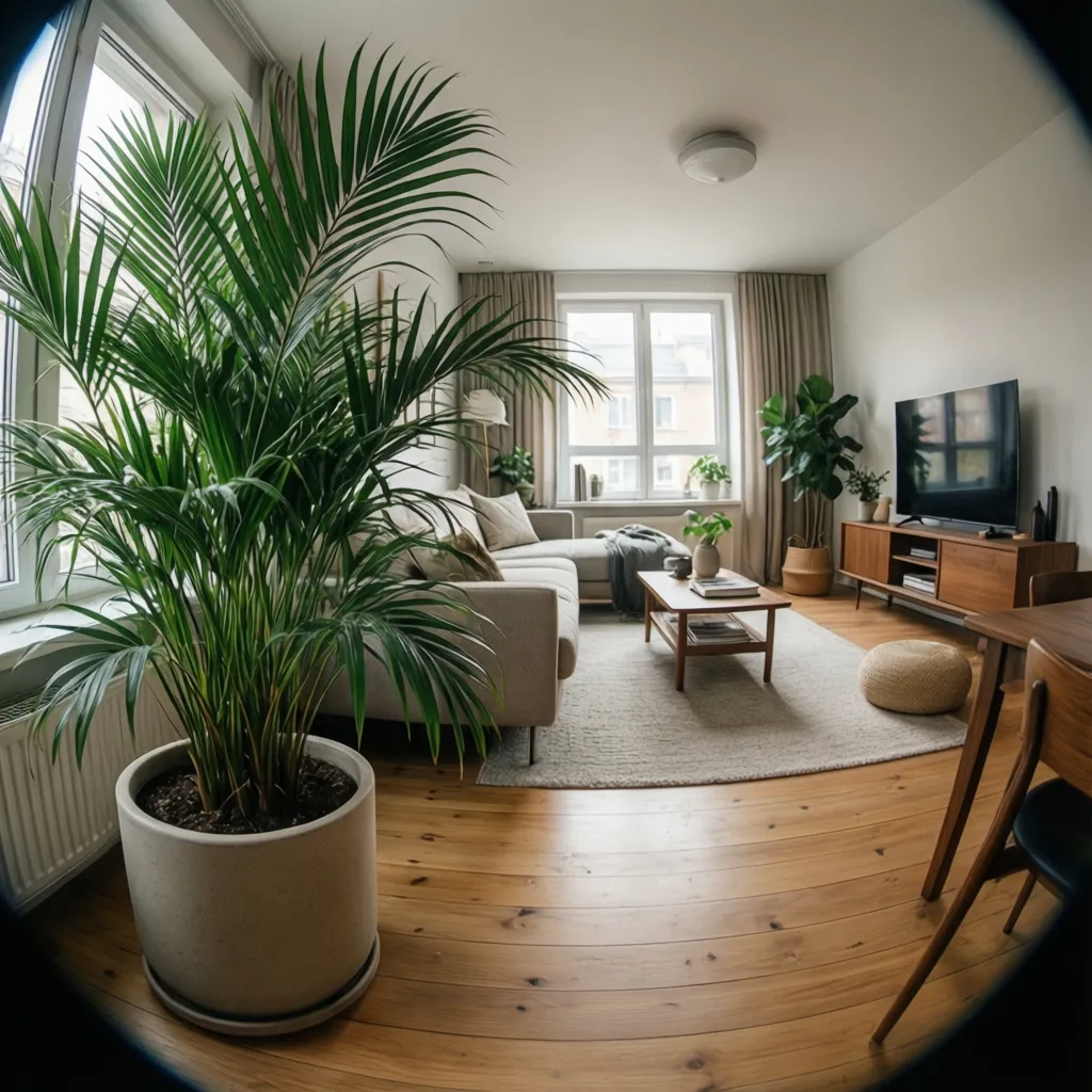 Interior sencillo con una planta grande que aporta vida al espacio