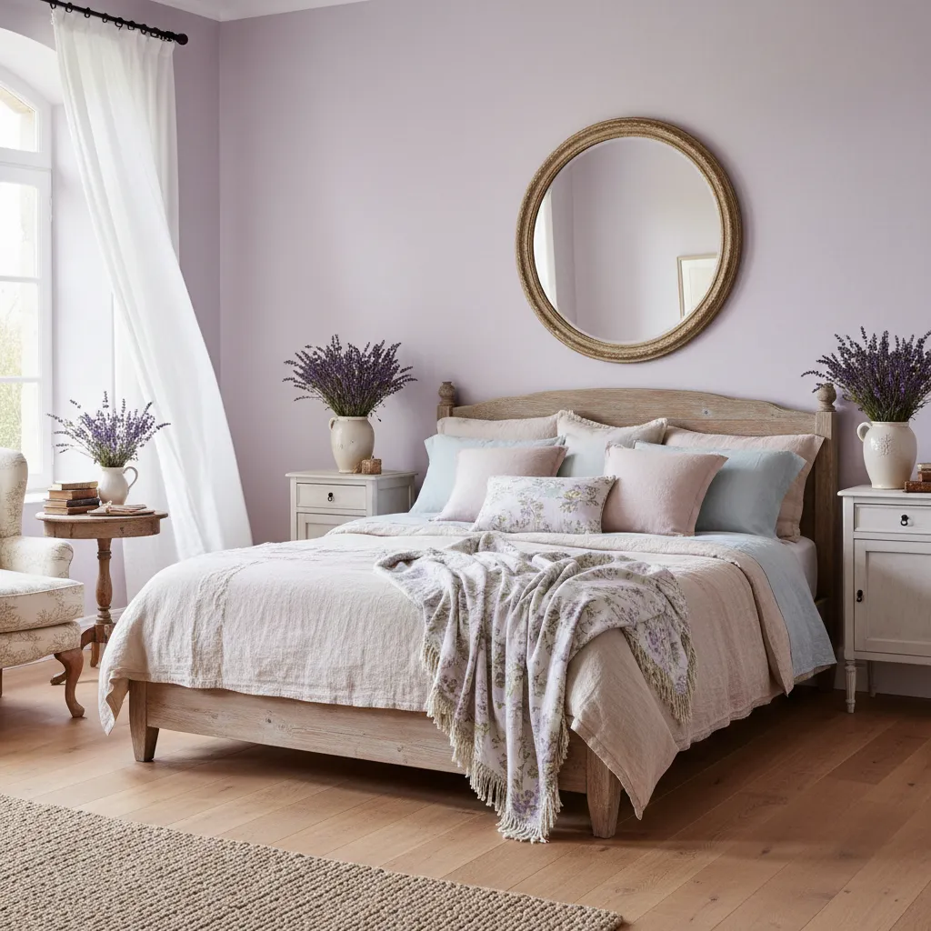 Dormitorio provenzal con textiles de lino y tonos suaves