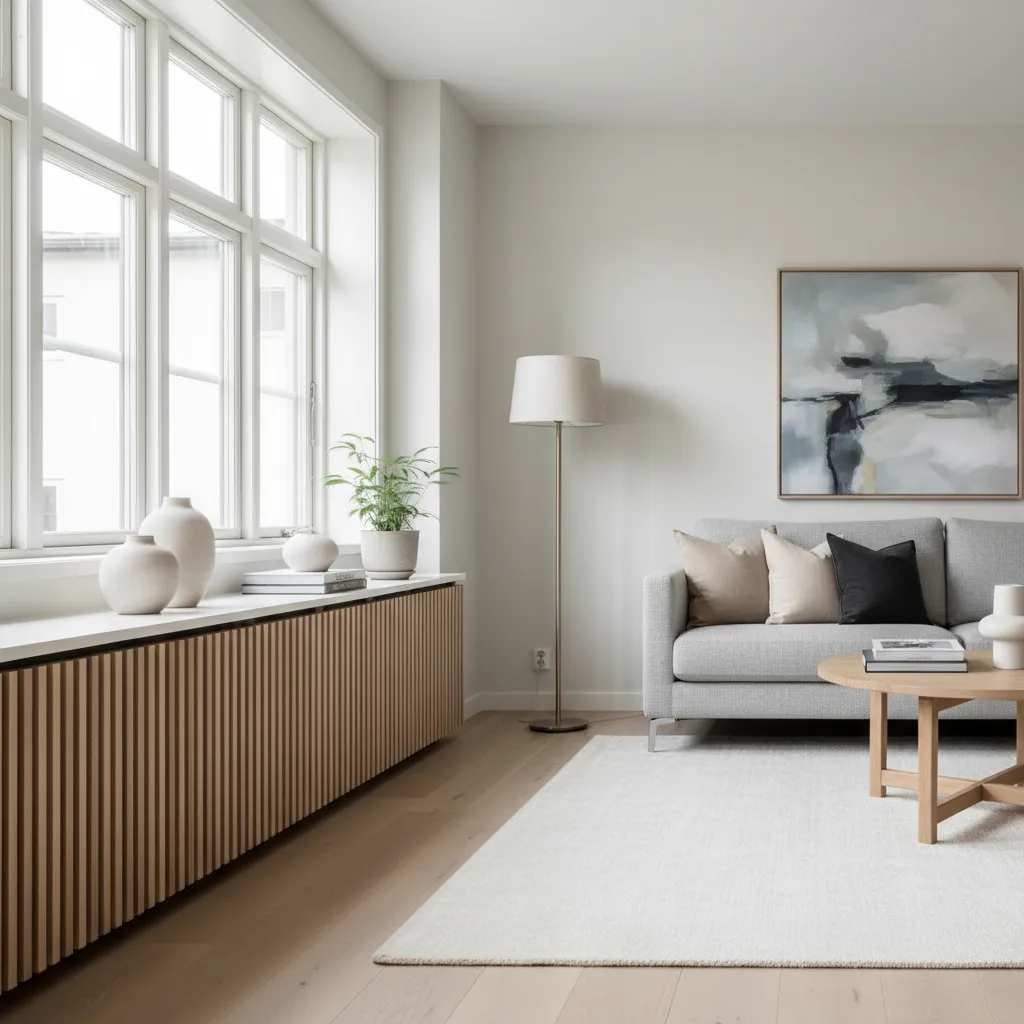 Modern living room featuring grey sofa wooden radiator cover under window floor lamp and painting