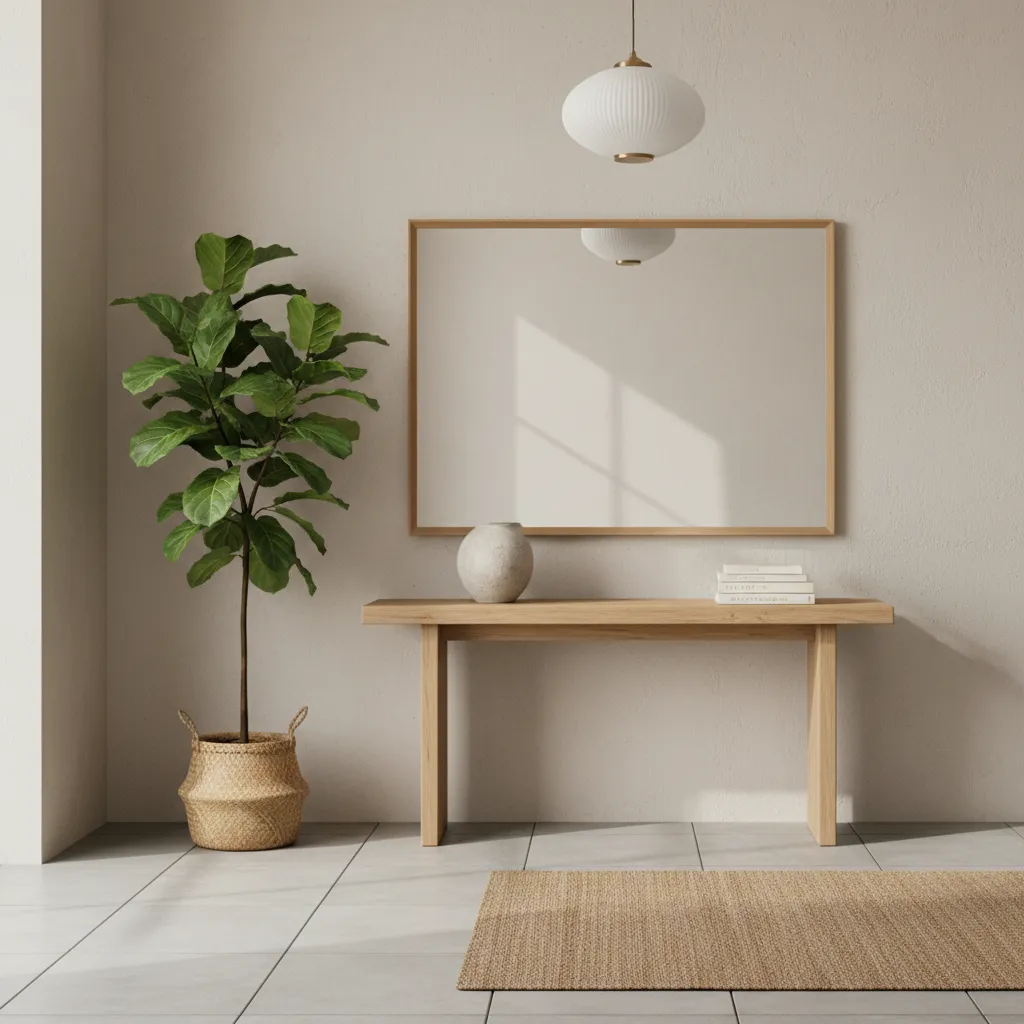Recibidor con planta decorativa grande y estilo minimalista