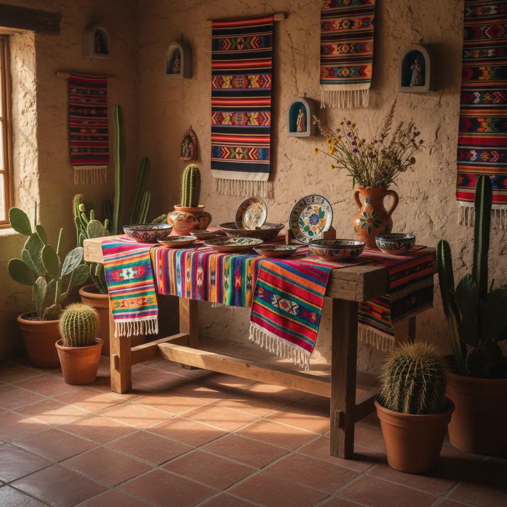 Decoración rústica mexicana con textiles artesanales y cerámica