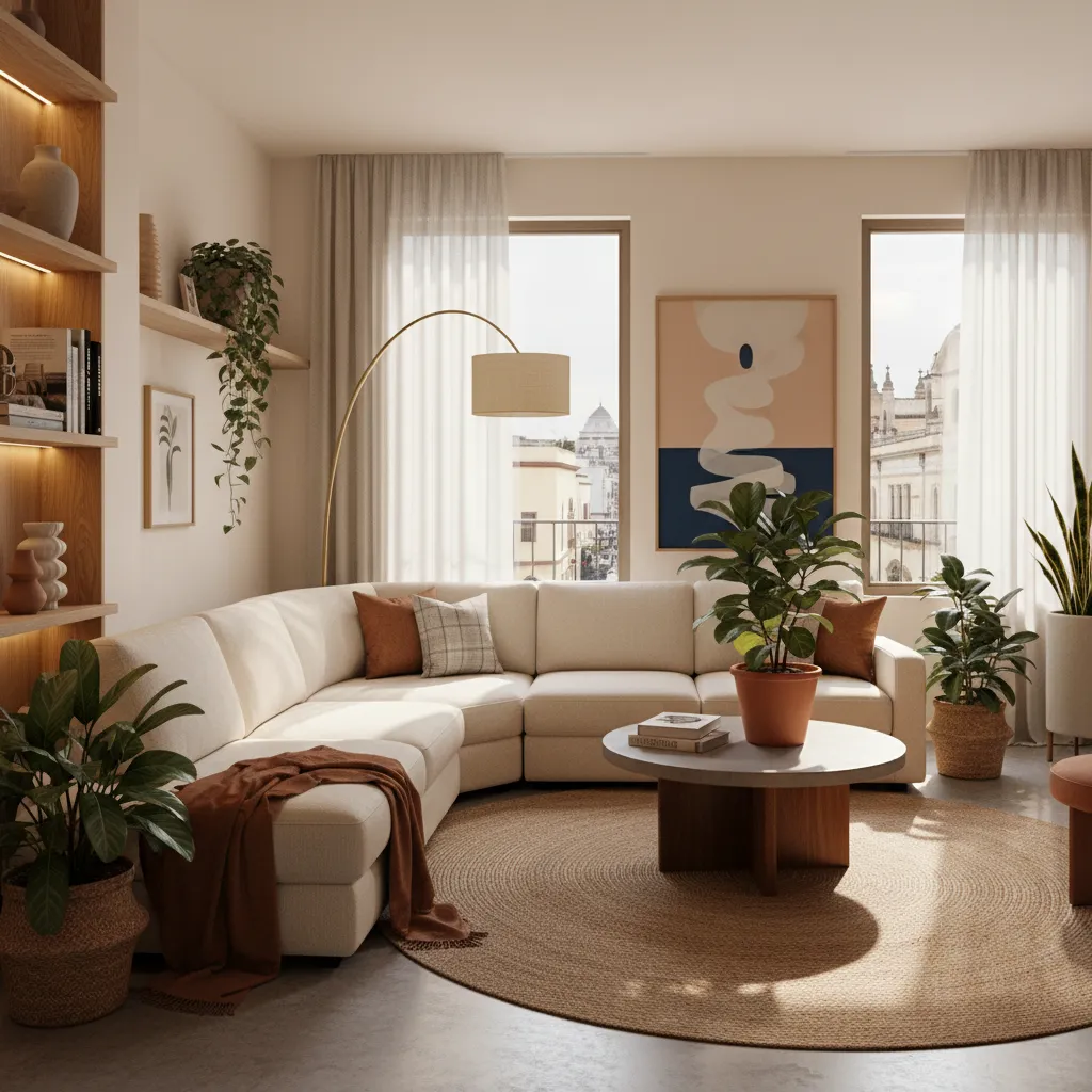 Sala moderna bien decorada con sofá, alfombra y lámparas