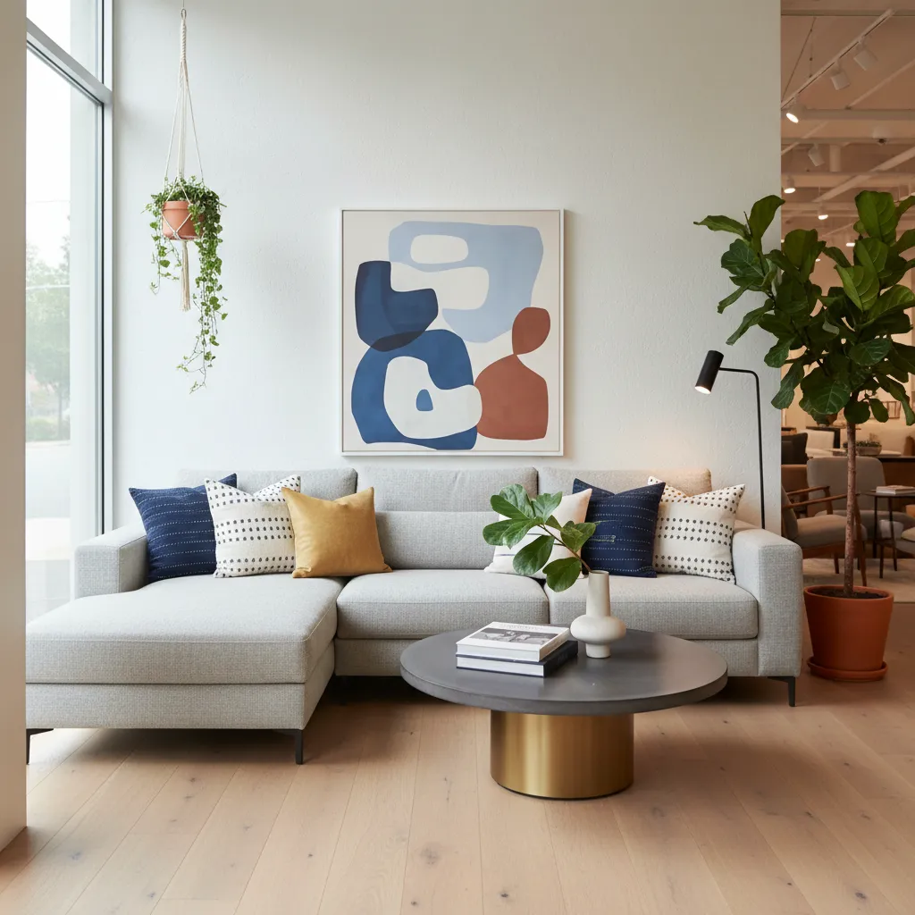 Showroom de sala decorada con sofá moderno, lámparas y arte mural