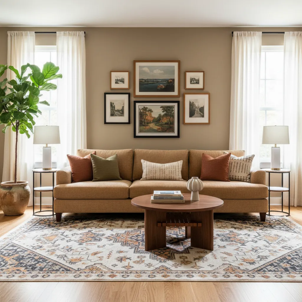 Salón elegante con decoración equilibrada incluyendo alfombra grande, cuadros y plantas