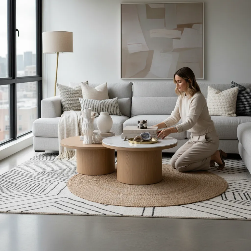 Decorador organizando muebles y textiles en un salón moderno