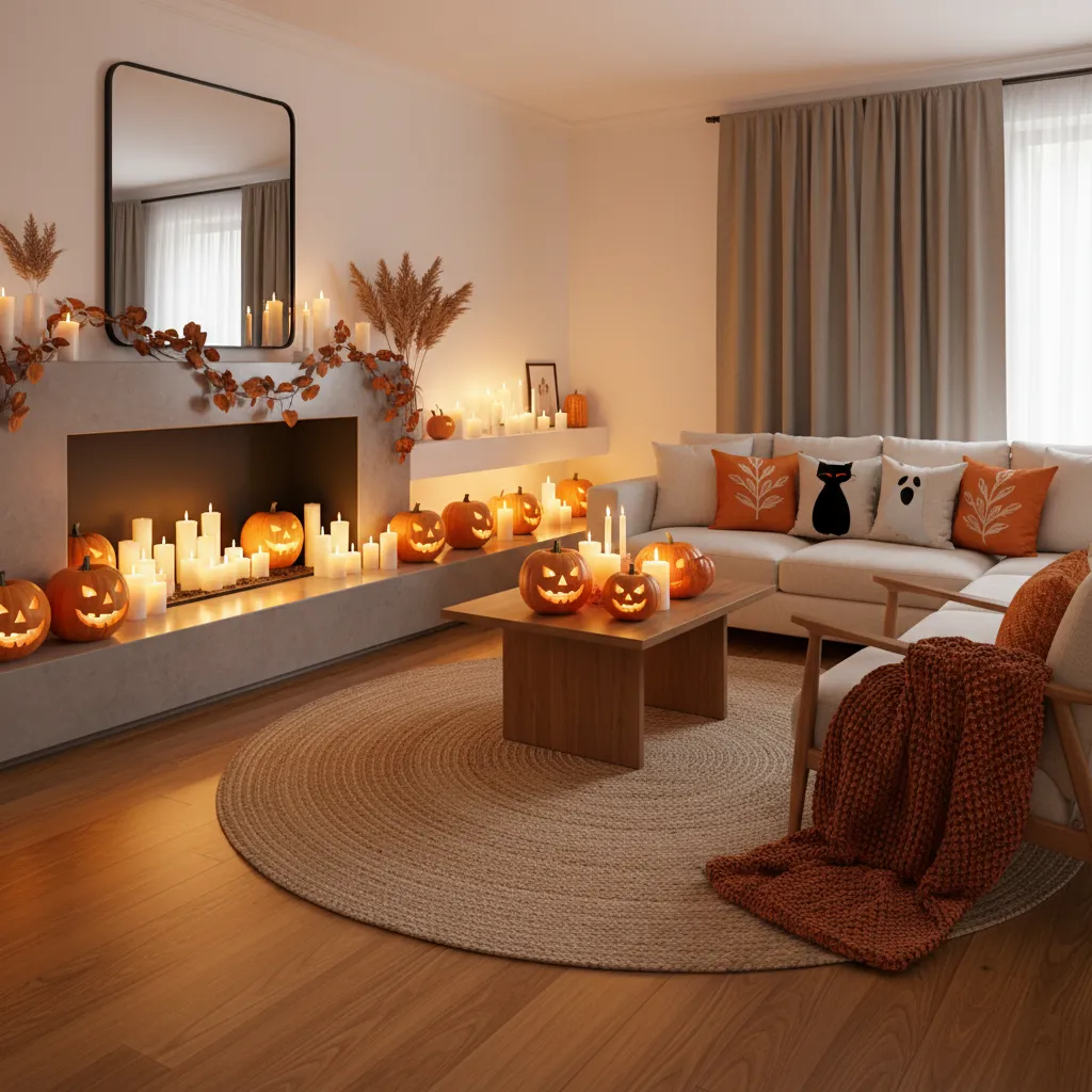 Salón decorado con cojines oscuros, calabazas y velas