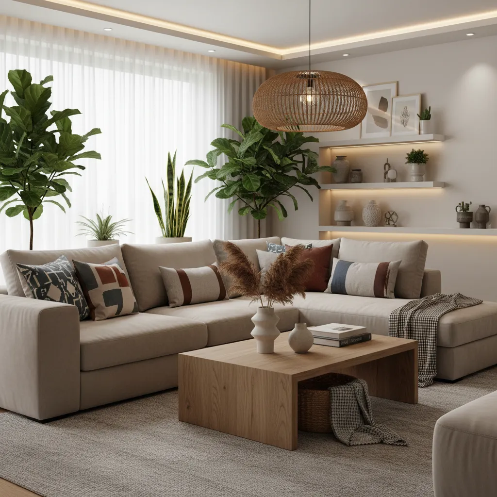 Salón moderno decorado con textiles, arte y muebles contemporáneos