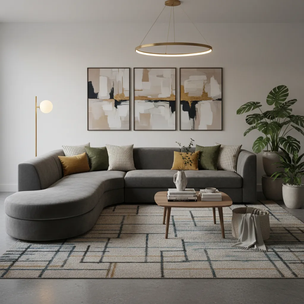 Salón moderno decorado con muebles, textiles y arte mural
