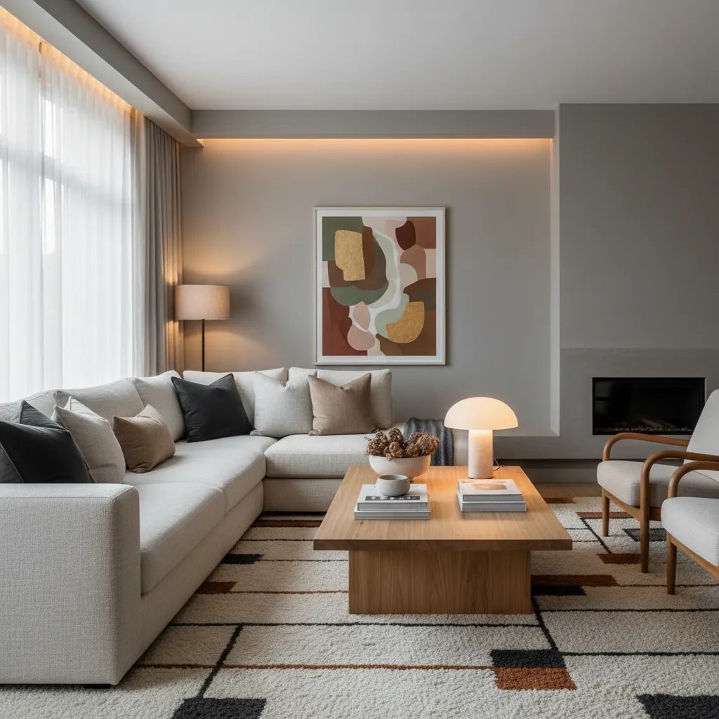 salón contemporáneo bien amueblado con sofá, alfombra y mesa de centro