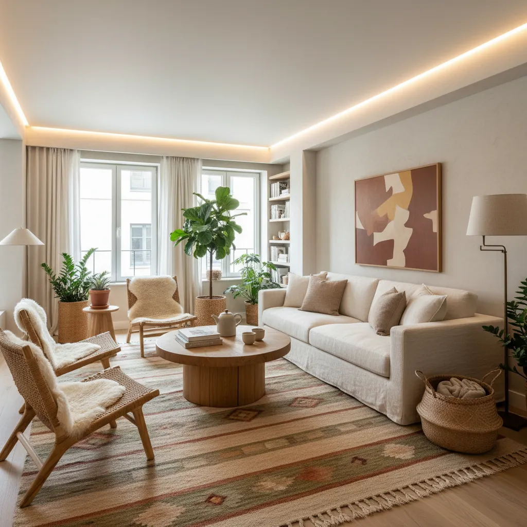 Salón realista inspirado en estilo de revista pero adaptado a vivienda normal