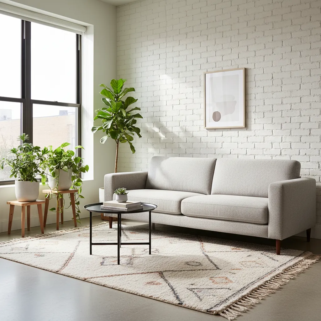 apartamento pequeño decorado con muebles simples y textiles
