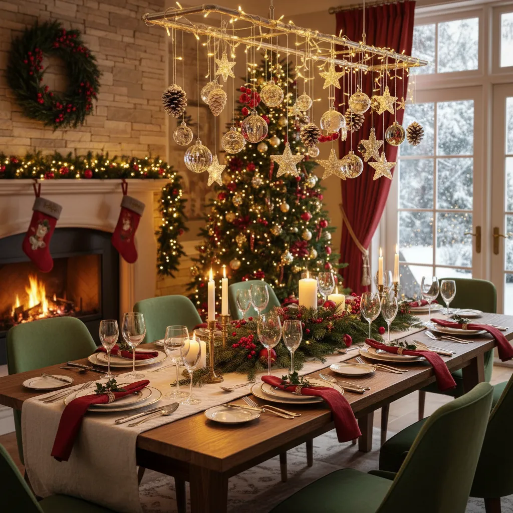 Decoración colgante sobre una mesa de comedor navideña