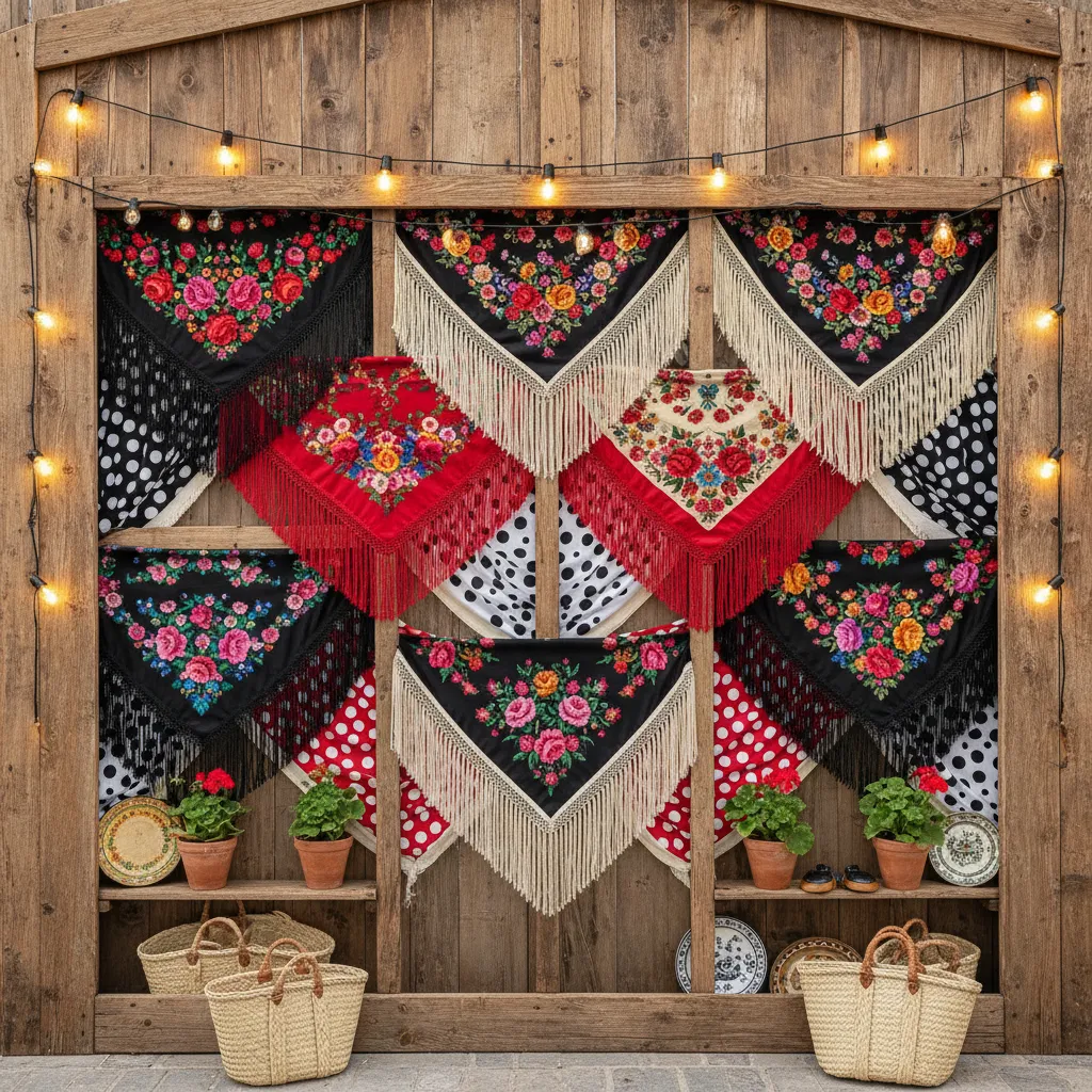 Mantones y telas tradicionales decorando las paredes de una caseta de feria