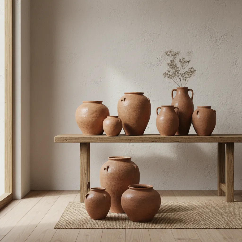 Composición de varias tinajas de barro en interior