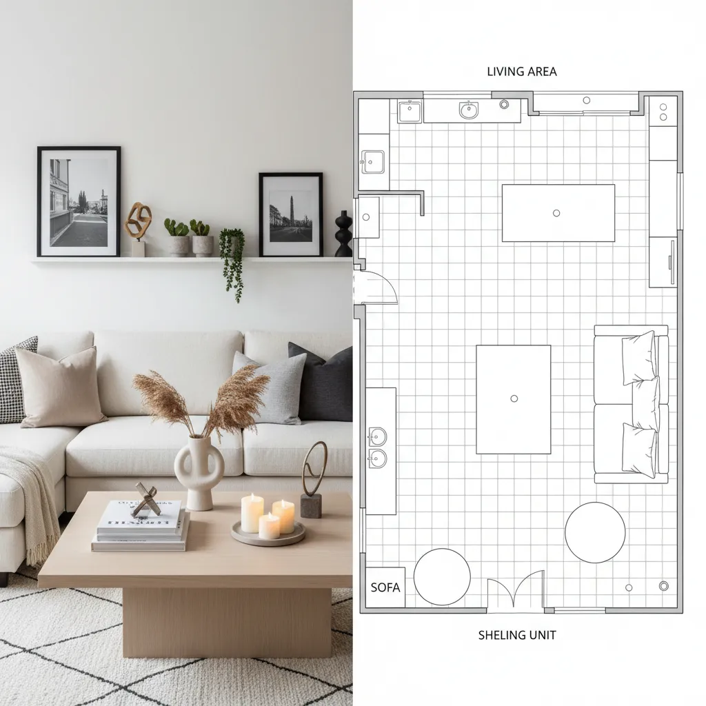 Side by side comparison of modern living room photo and a 2D room layout drawing