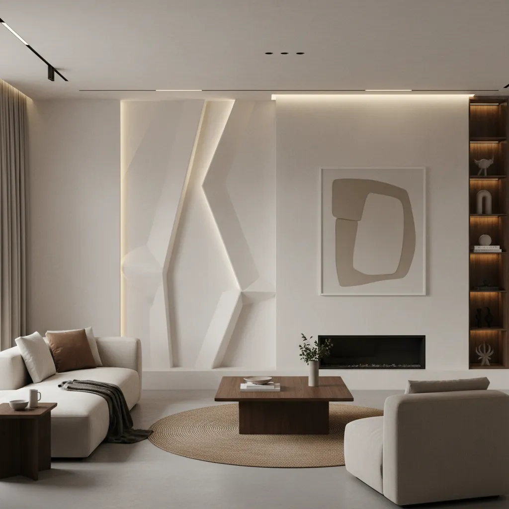 Interior moderno con paneles de yeso geométricos en pared