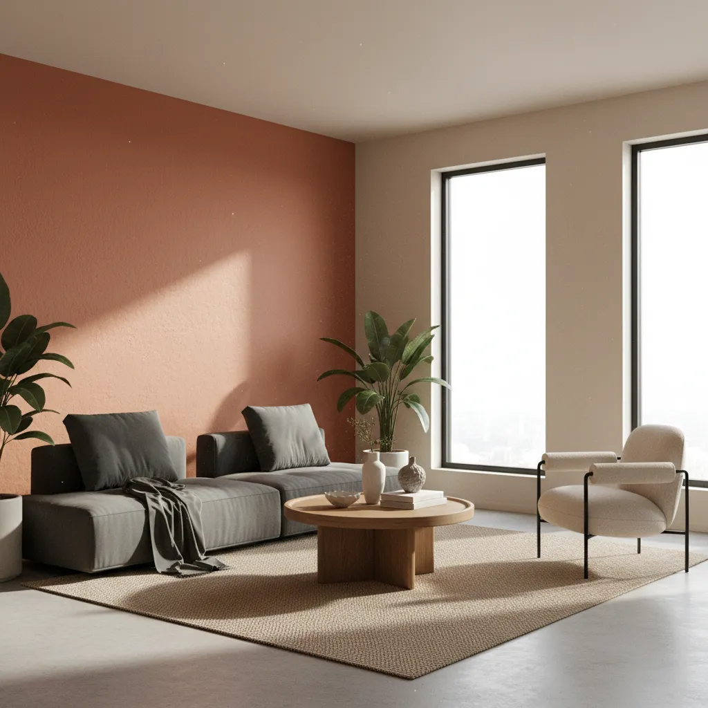 Minimalist living room with terracotta accent wall, grey sofa, wooden coffee table, armchair, and plants