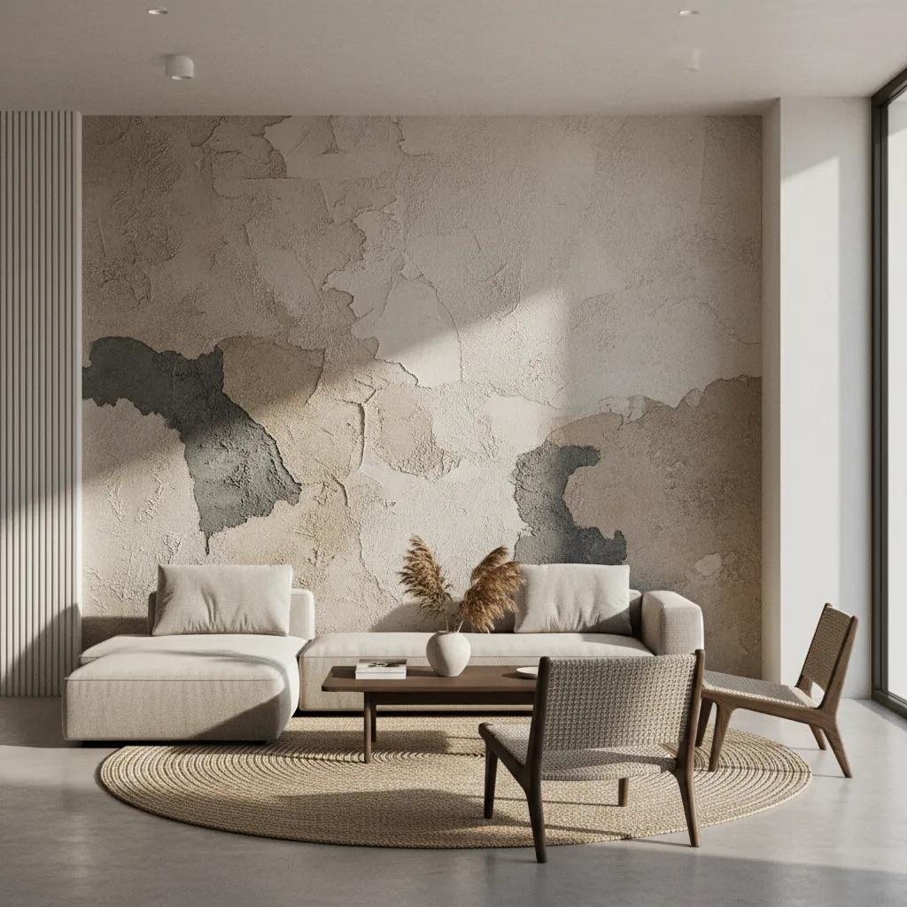 Living room interior with textured wall design white sofa wooden coffee table and two chairs