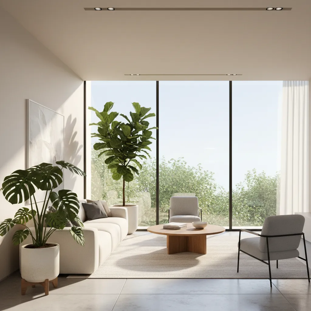 Modern living room with white sofa wooden coffee table grey chairs large windows and plants