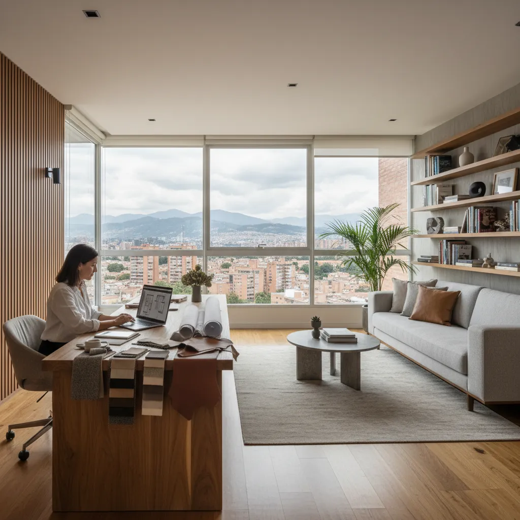 Designer at wooden desk with laptop samples near grey sofa and window overlooking city view
