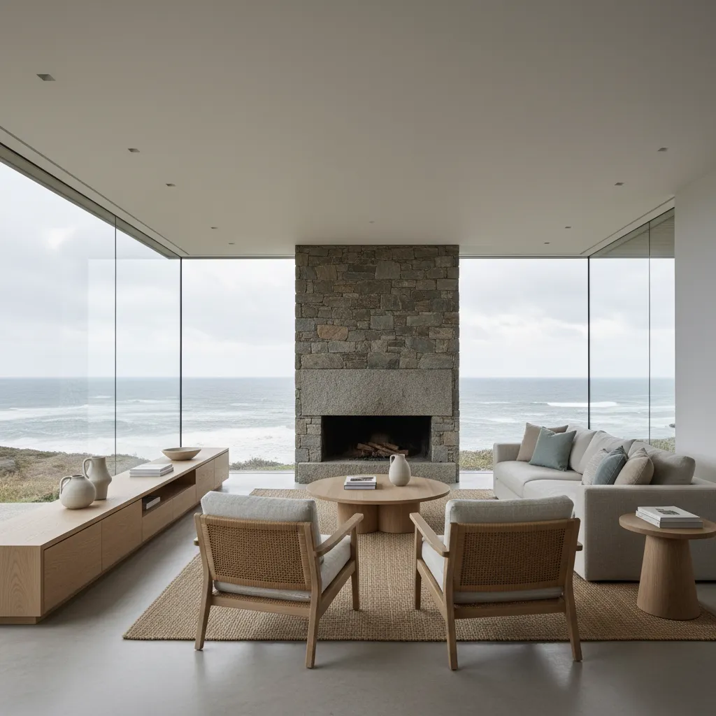 Modern living room with stone fireplace large glass windows showing ocean view and grey sofa