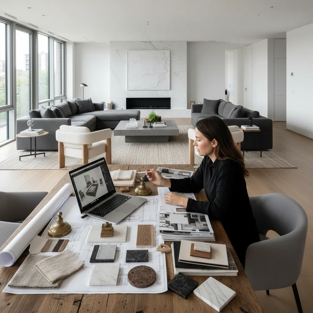 Interior designer at wooden desk with laptop and material samples planning modern large living room