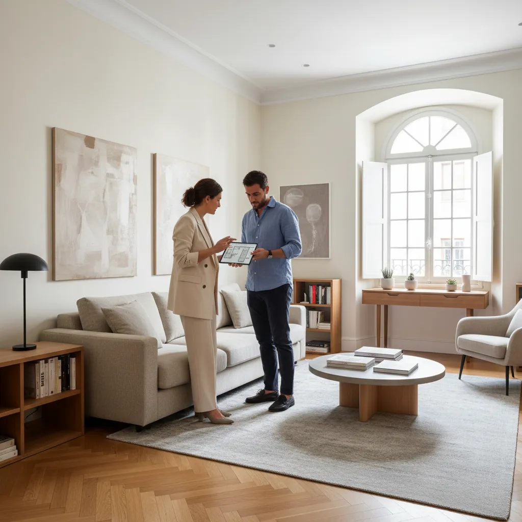 Interior designer showing a floor plan on a tablet to a man in living room