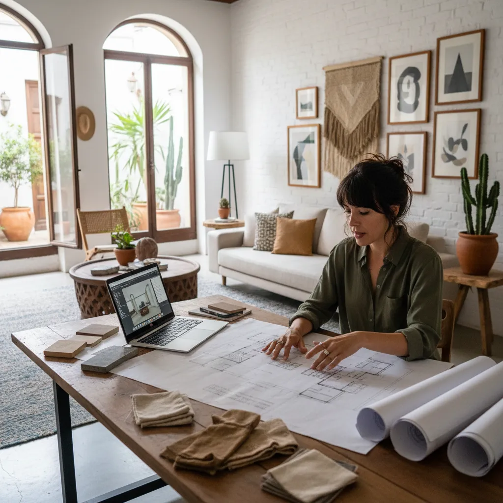 Interior designer working on a floor plan with a laptop and fabric swatches at home