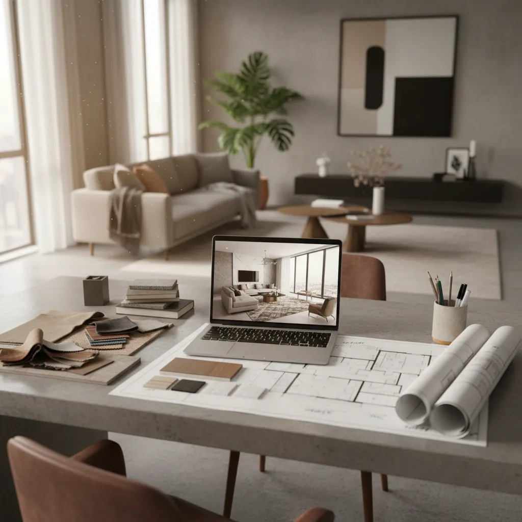 Laptop showing living room design on desk with paper floor plans and fabric material samples