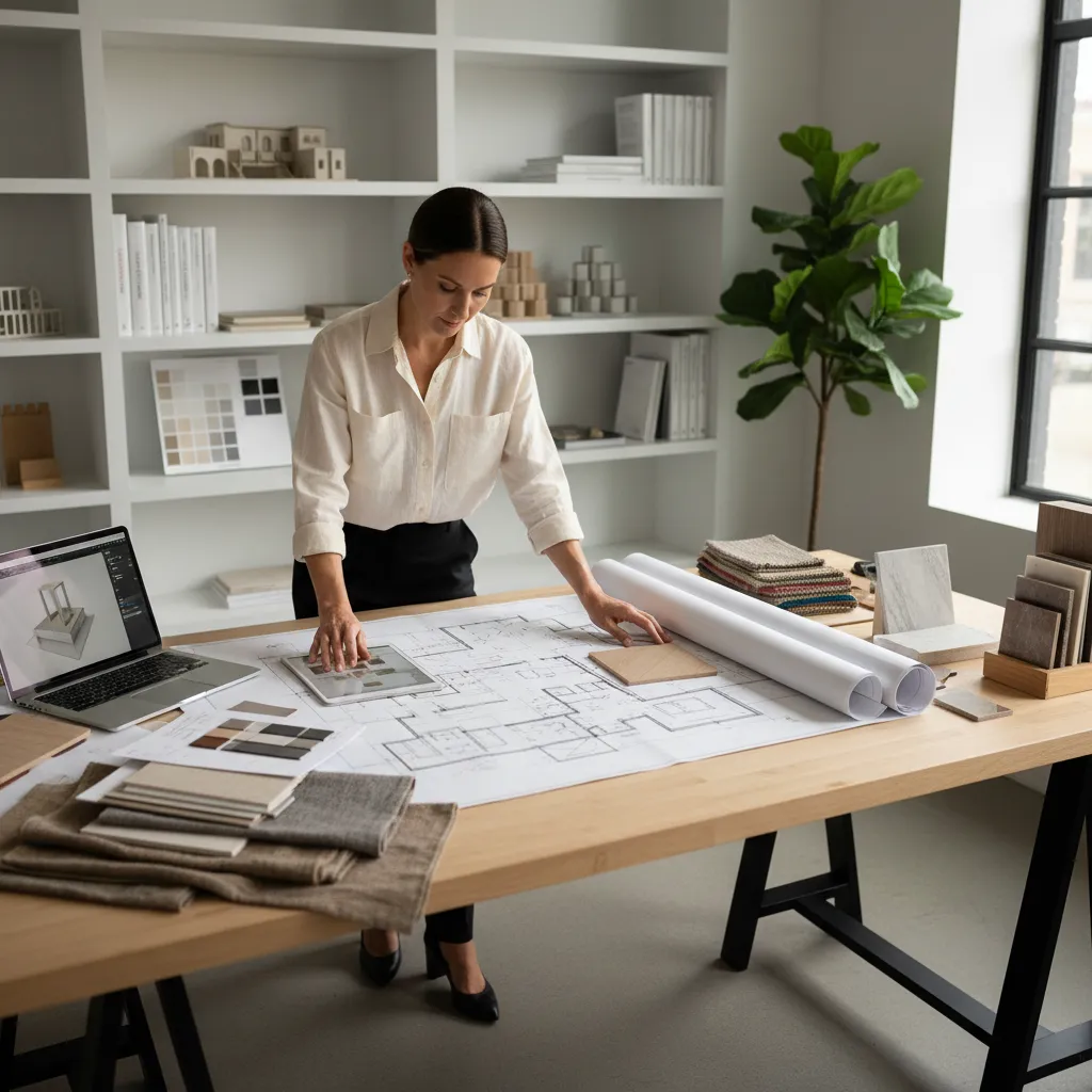 Interior designer working on floor plan with laptop tablet fabric samples and green potted plant